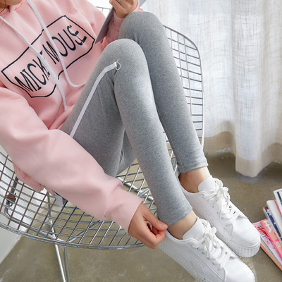 2018春秋装新款单侧边条纹小脚裤带扣九分打底裤