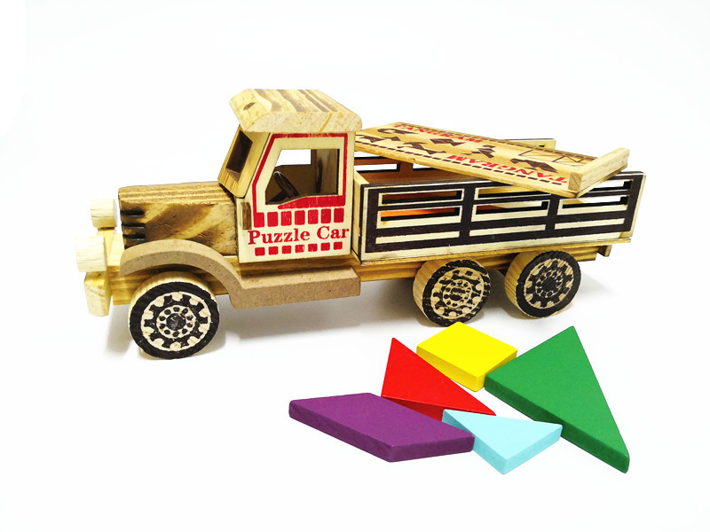 厂家直销新款木质玩具车模型带创意七巧板拼图积木益智卡车