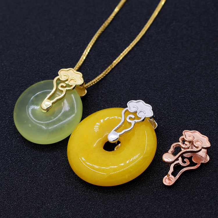 s925纯银祥云吊坠夹扣diy手工配件翡翠水晶玉扣银扣白云平安扣头