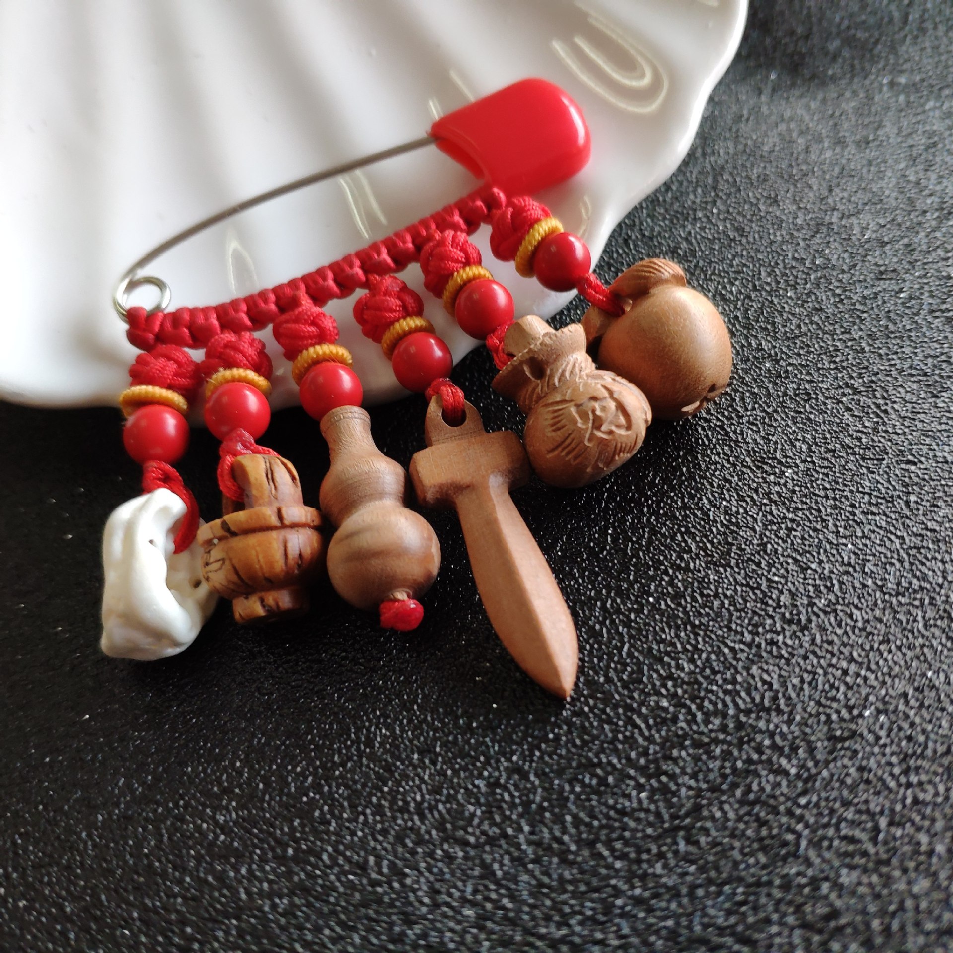 桃木平安桃篮福袋苹果葫芦桃木剑猪惊骨手工编制红绳别针挂件