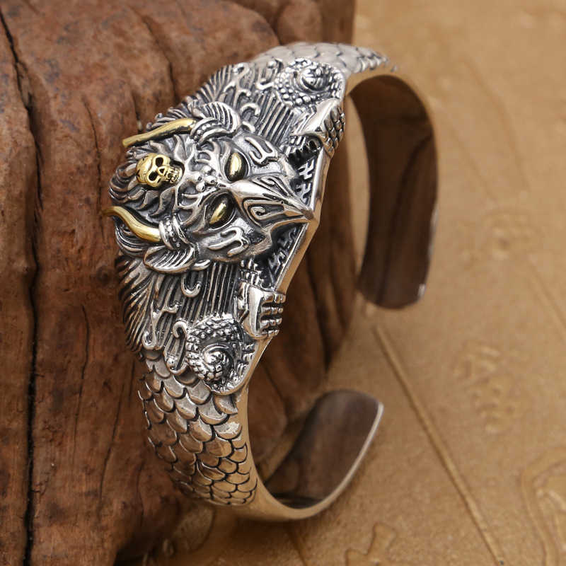 批发s925纯银饰品 复古泰银男士个性霸气大鹏鸟夸张宽版开口手镯