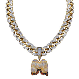 欧美个性火山岩浆大扣头大字母嘻哈项链 锆石字母自由组合古巴链