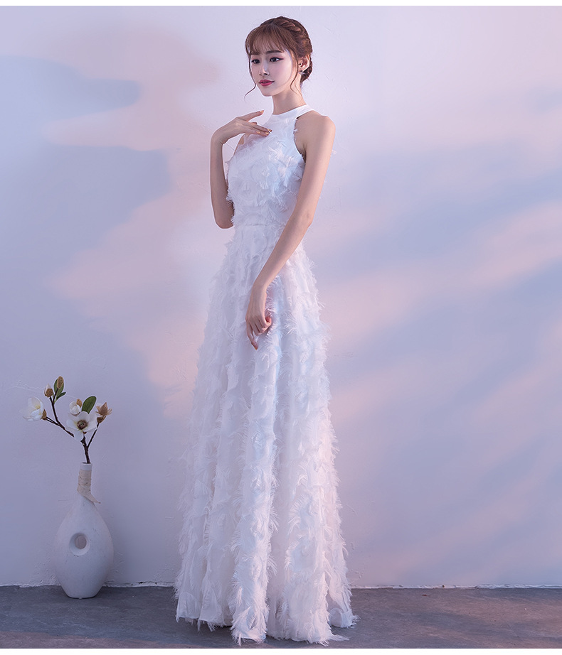 流苏羽毛挂脖露肩时尚大气显瘦拖地长裙晚礼服裙学生毕业宴会裙子