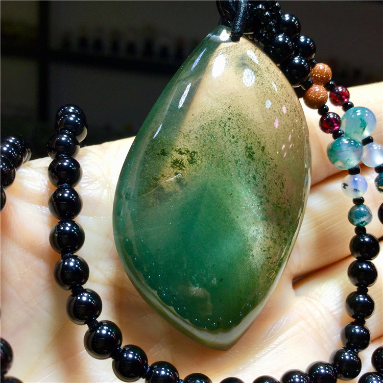 东海水晶天然绿幽灵聚宝盆原石随形平安无事牌吊坠