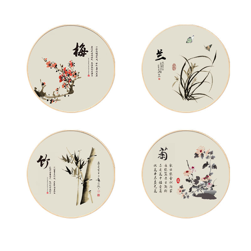新中式梅兰竹菊实木挂画圆框装饰画圆形画框圆框画圆形挂画玄关画