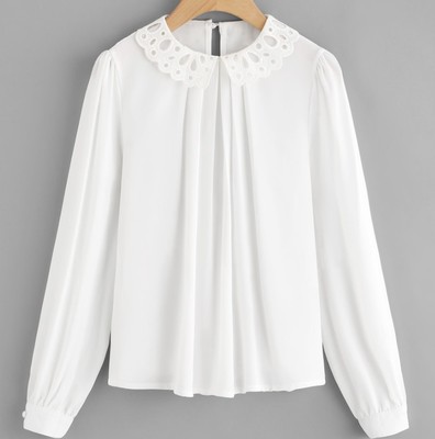 2018速卖通爆款ebay新款花边领公主袖长袖雪纺白衬衫