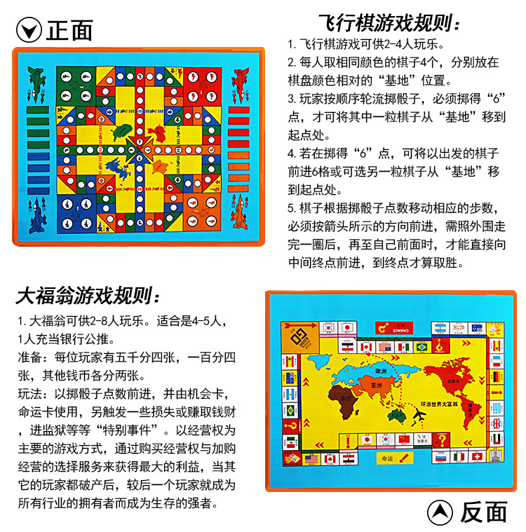 儿童双面地毯飞行棋 大富豪强手富翁 90*120cm游戏垫亲子大号爱情