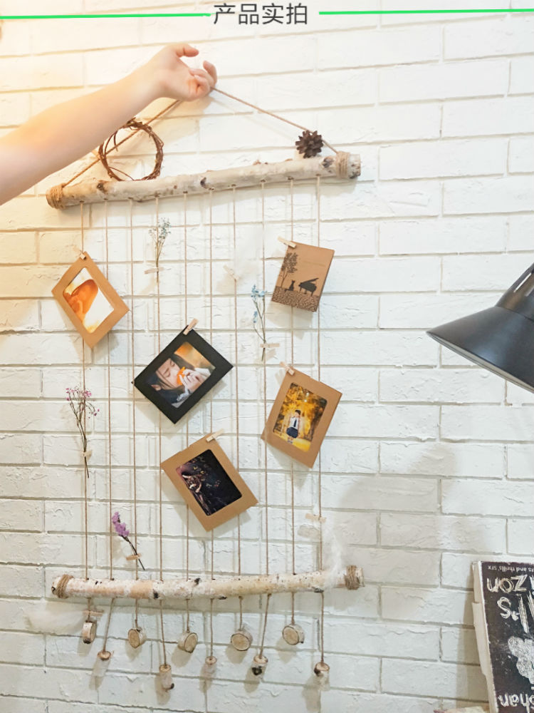 北欧田园墙挂帘壁饰墙面装饰创意个性挂饰麻绳天然木棍拍立得照片