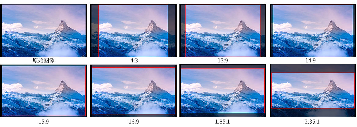 设有多种画幅比例导视框(4:3, 13:9, 14:9, 15:9, 16:9, 1.85:1, 2.