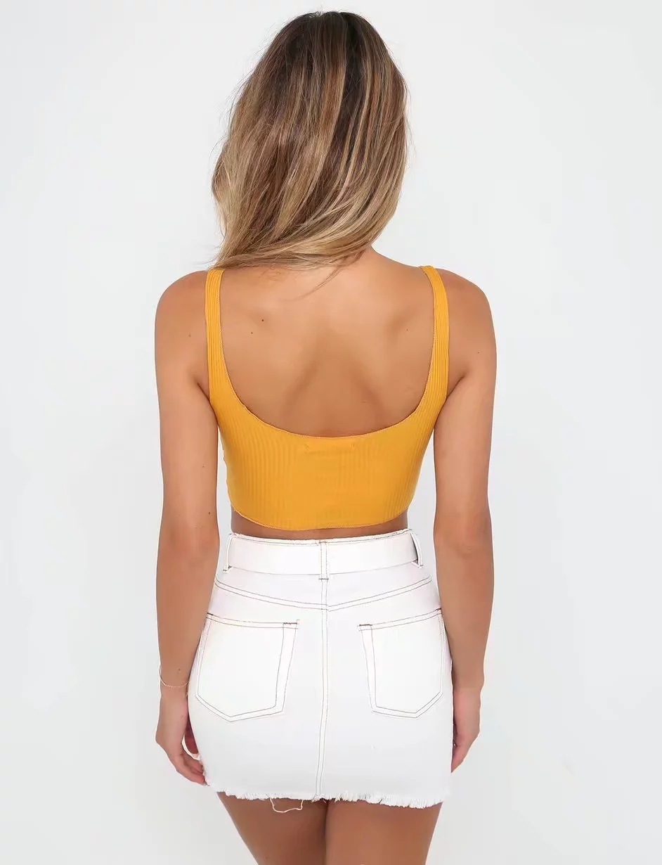 欧美时尚女装吊带上衣 2018春季镂空打结露背修身坑条纯色小背心