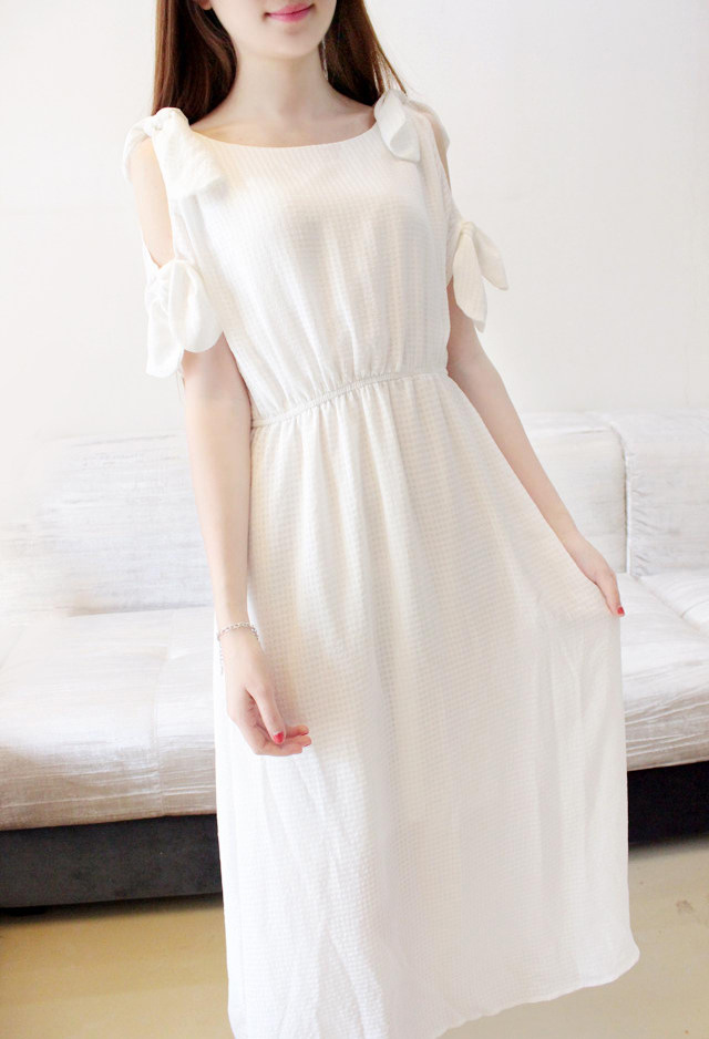 2018白色雪纺仙女长裙夏季新款韩版甜美收腰短袖露肩连衣裙