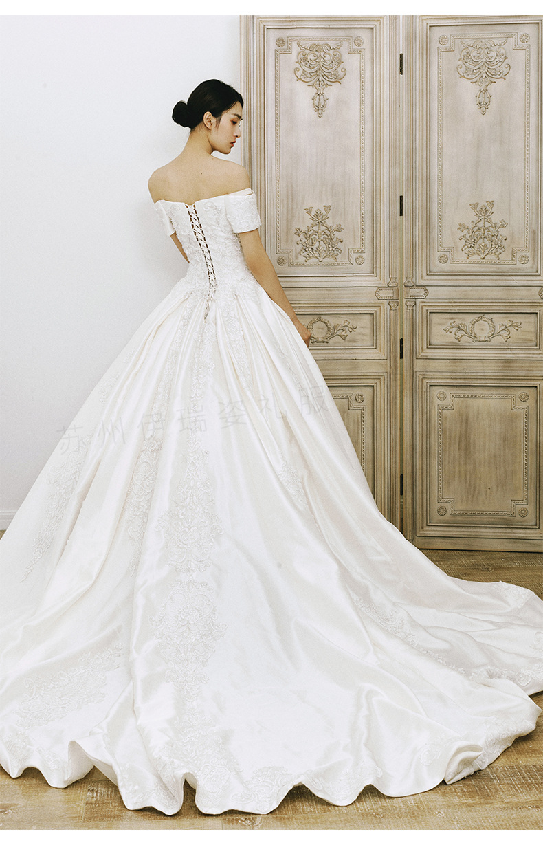 2021新款公主桃心抹胸大拖尾婚纱 欧美大气蕾丝抹胸婚纱厂家定制