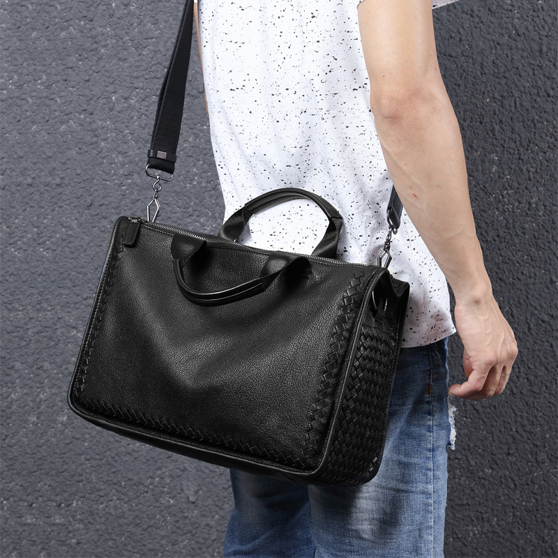 Men's Real-Leather Bag Business Shoulder Men's Bag Laptop Bag Sheepskin Briefcase Knitted Messenger Bag Men's Leather Bag