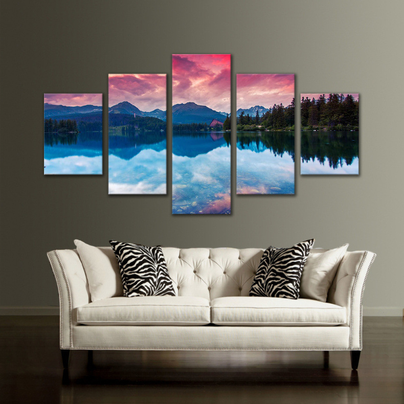 亚马逊速卖通热卖 高山湖泊溪流五联风景拼画家居客厅装饰画挂画