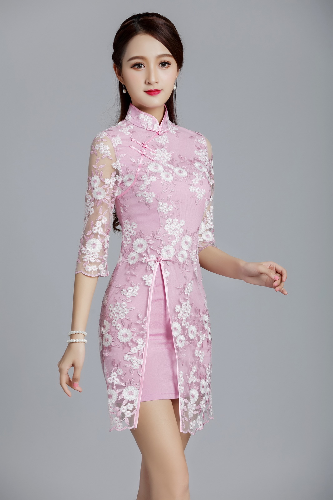 华之韵新款上市镂空绣花优雅淑女前开叉蕾丝旗袍连衣裙8035