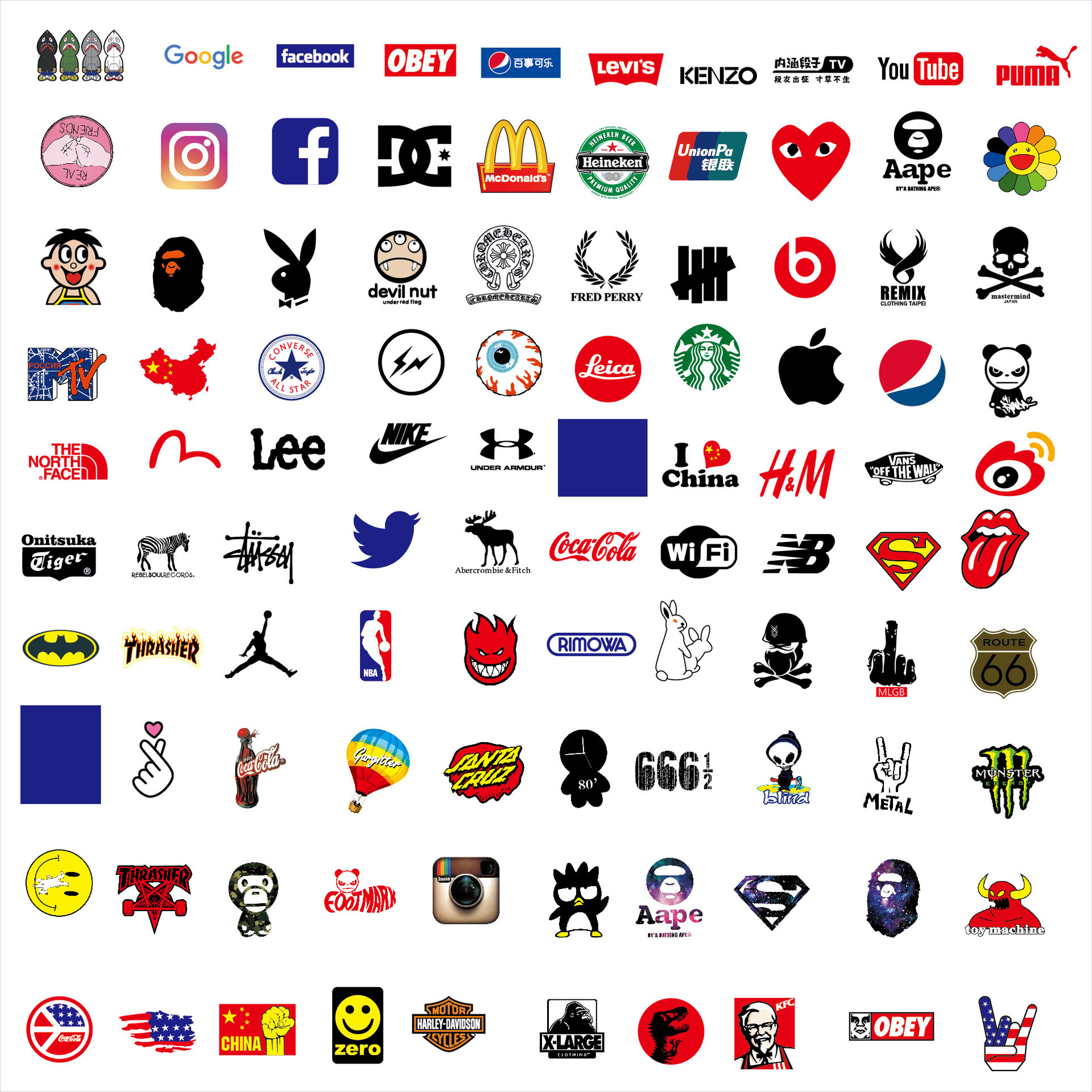 100张潮牌logo行李箱贴纸欧美品牌旅行箱贴防水个性电脑装饰贴画