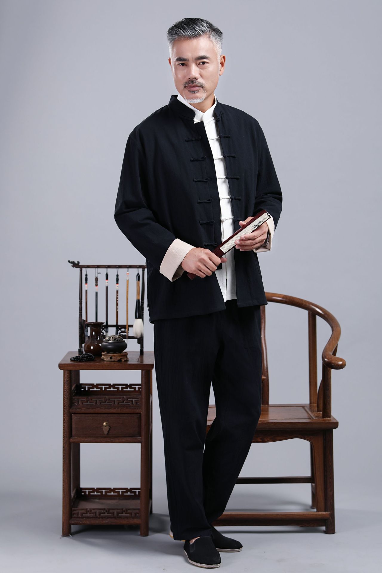 中国风棉麻加厚双层唐装男士套装春秋亚麻中式汉服禅修居士服茶服