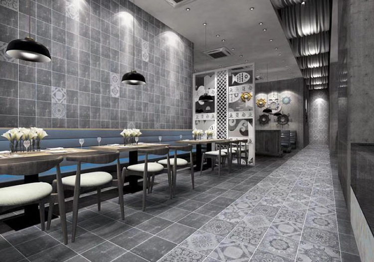 300*300mm唐卡花砖 灰色水泥砖 特色餐厅咖啡厅商店防滑耐磨地砖