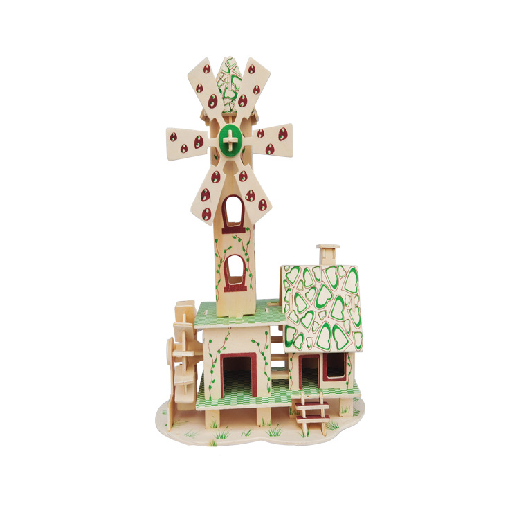 儿童益智玩具 3d立体木质拼图玩具 启教椴木仿真风车小屋居家装饰