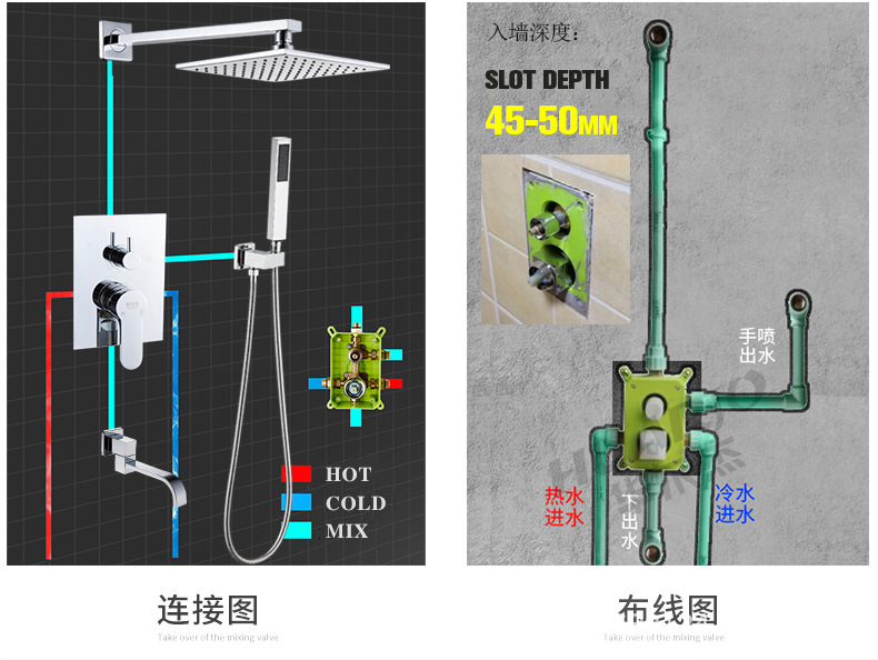 华尔杰 全铜暗装花洒预埋盒混水阀 嵌入墙式淋浴双出水 h710