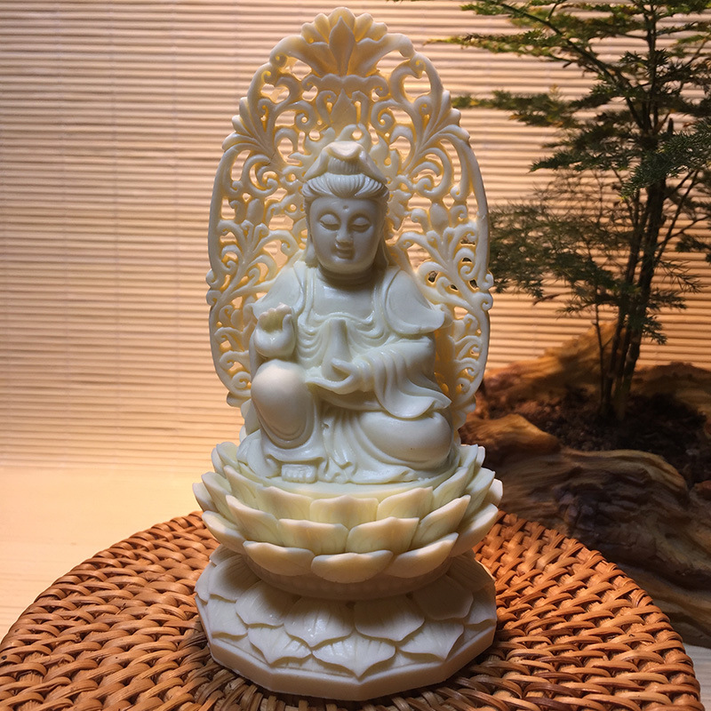 象牙果观音摆件 粉压镂空雕刻坐莲观音 车载内饰品出行礼盒包装