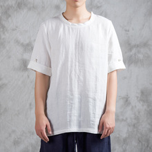 中国风男装男士棉麻纯色T恤民族风亚麻短袖男文艺体贴青年五分袖
