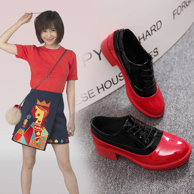 欢乐颂王子文曲筱绡同款鞋子拼色百搭系带单鞋曲潇潇女鞋红黑批发