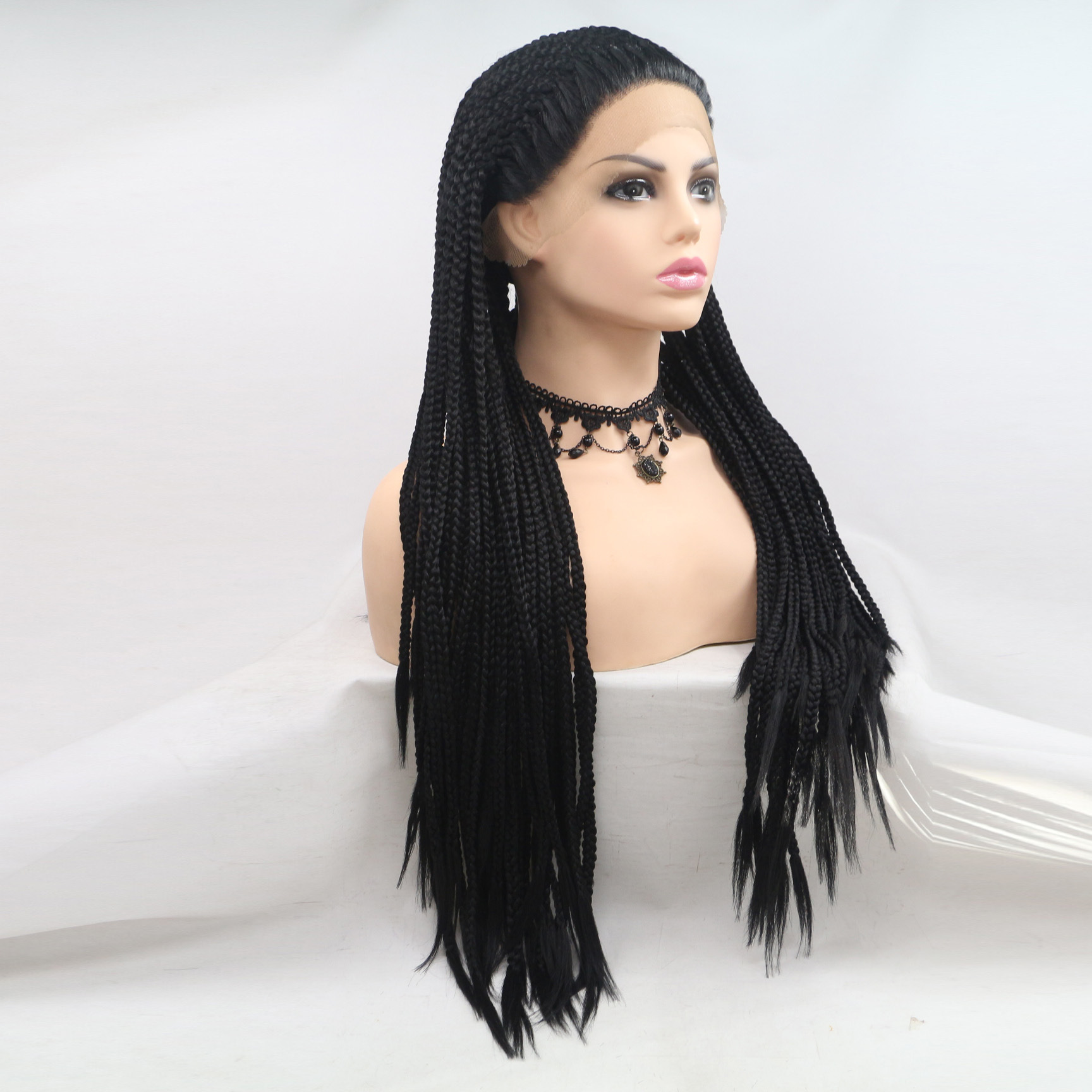 西维亚新款热款黑色脏辫三股前蕾丝假发化纤假发手工编织黑人假发