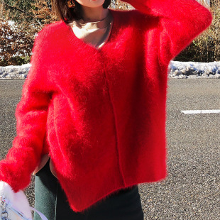 思萌 暖冬定制前短后长兔毛 红色新年喜气 宽松显瘦v领貂绒毛衣女