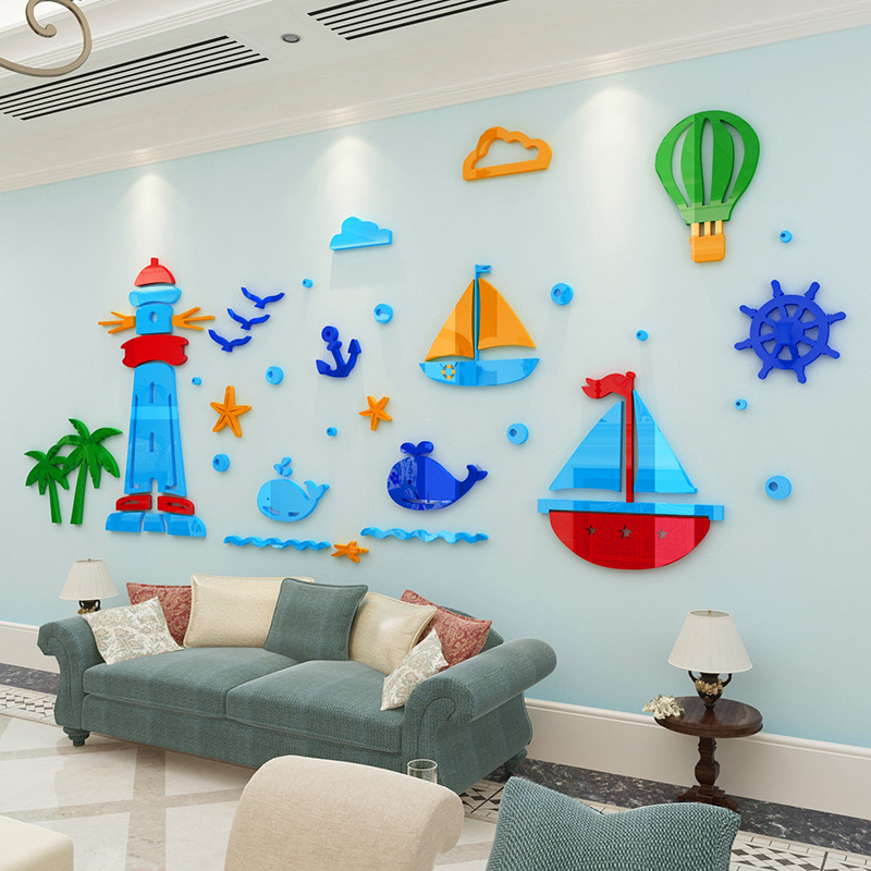 海边风景船3d立体墙贴幼儿园墙面装饰男孩儿童房贴纸卧室卡通墙贴