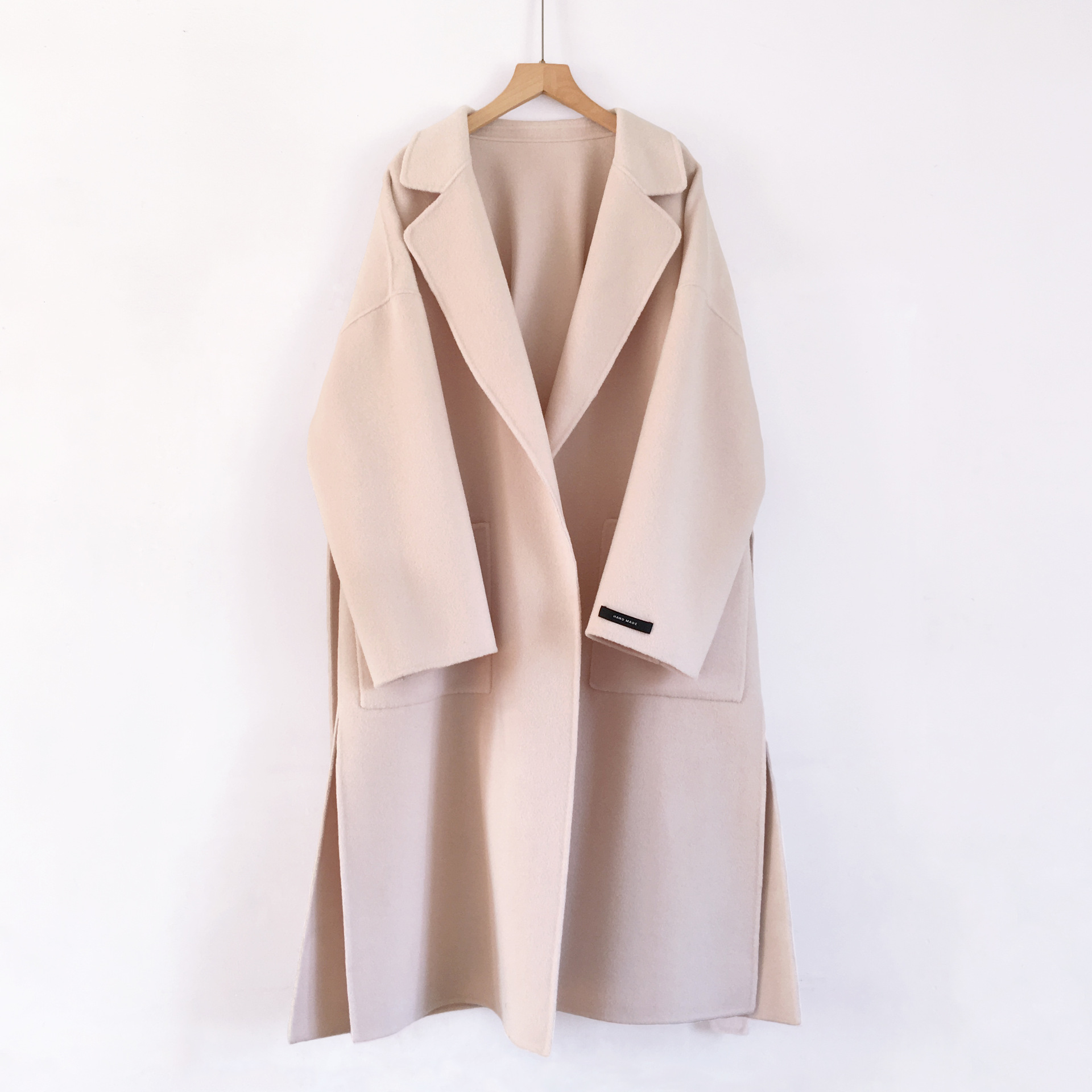 韩版秋冬新款双面手缝羊绒大衣经典中长款系带显瘦羊毛毛呢外套女