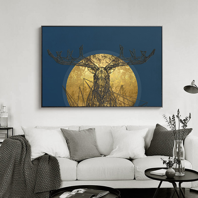 发财鹿麋鹿壁画玄关装饰画横版客厅沙发背景墙挂画北欧卧室床头画