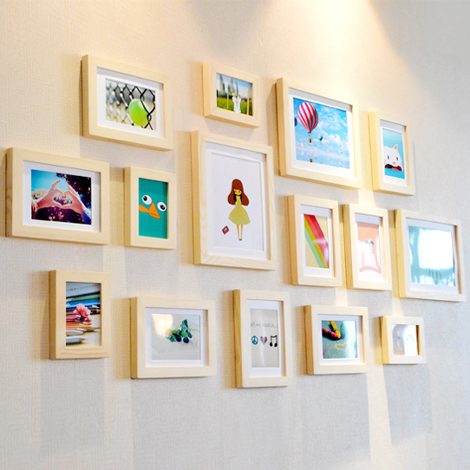 现代简约15框实木照片墙装饰  相框挂墙创意组合相片墙