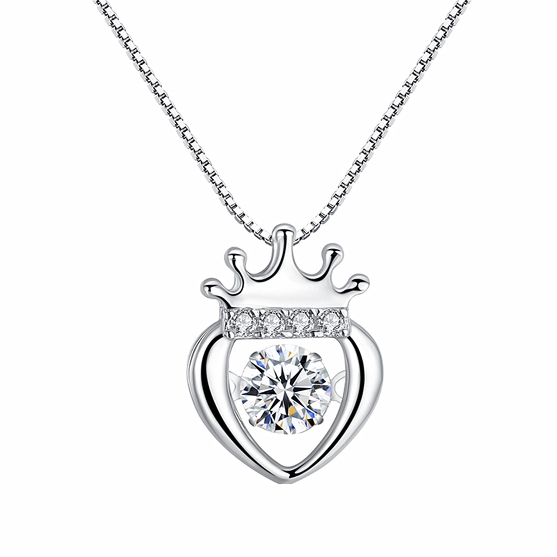 韩版银爱心项链女小皇冠 镂空跳动的心吊坠仿真钻石心形锁骨链