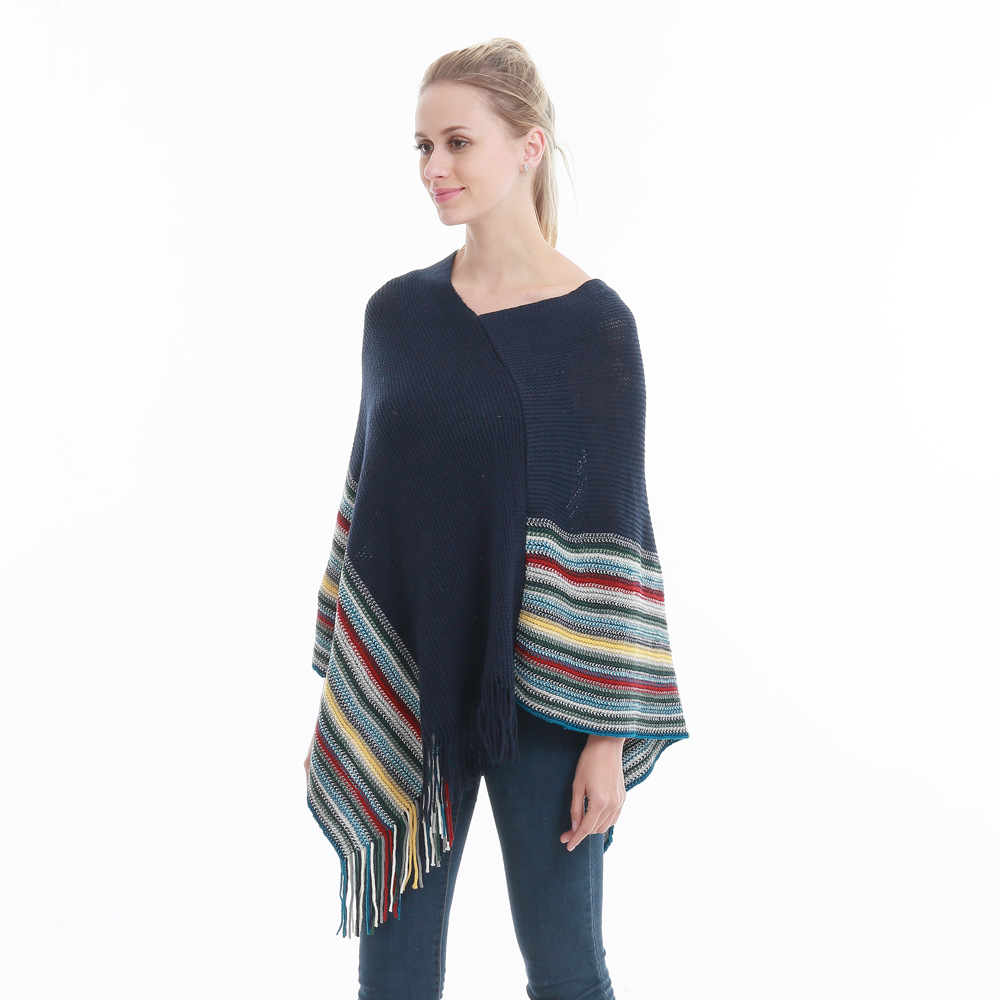 欧美大码女装春季新款时尚斗篷宽松大码波浪纹流苏斗篷披肩现货