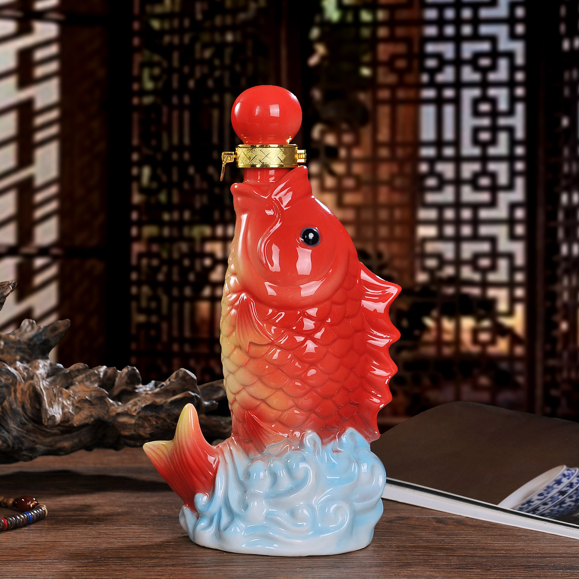 厂家直销一件代发陶瓷艺术酒瓶珐琅瓷鱼瓶一斤装酒坛子酒柜装饰品
