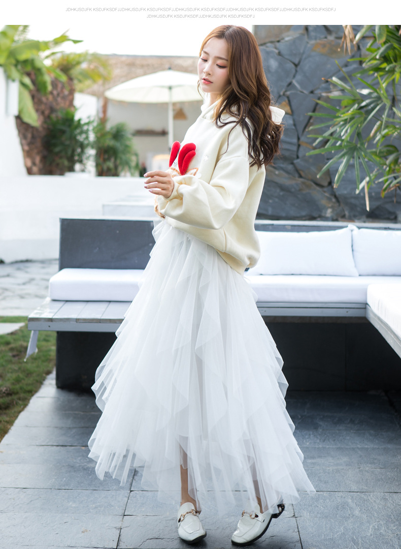 半身裙秋冬女中长款网纱百褶裙不规则纱裙