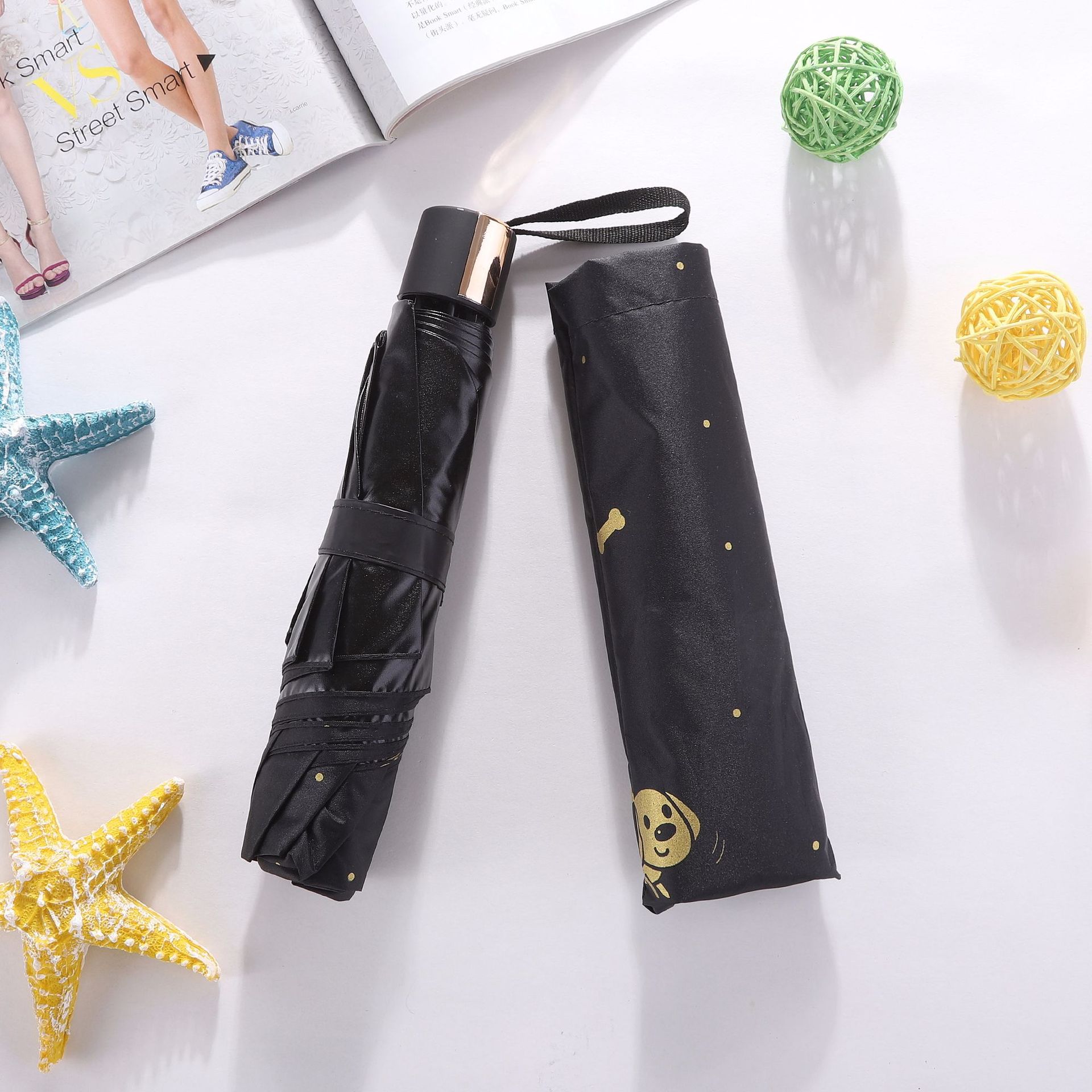 2018新款 内翻黑胶萌狗遮阳太阳伞三折折叠 晴雨伞批发广告定制伞