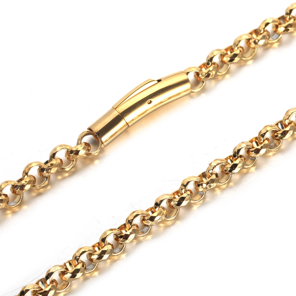 欧美男士嘻哈时尚18k金不锈钢粗o钻石纹项链 钛钢饰品批发