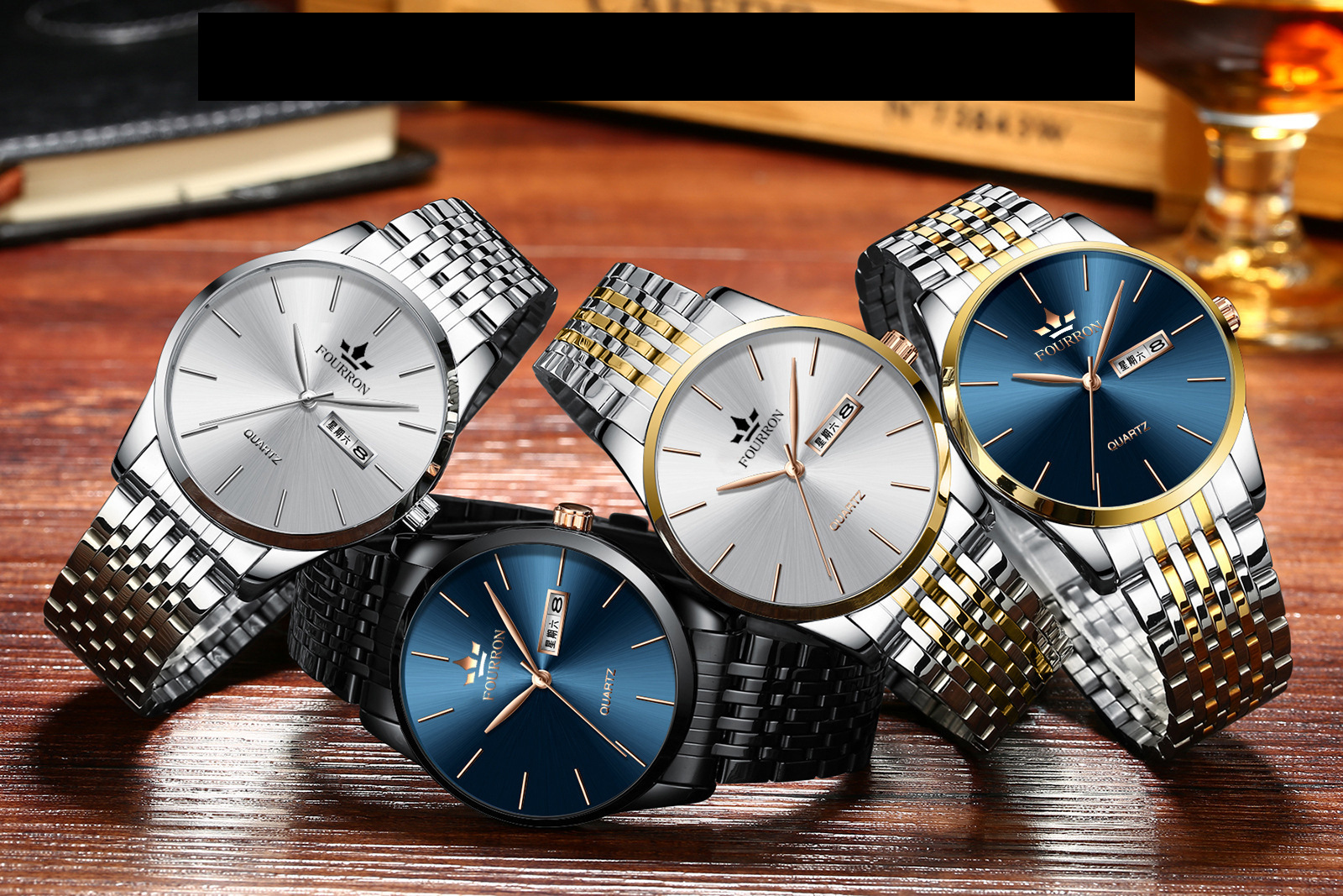 fourron品牌手表男士非机械表 防水日历石英超薄钢带爆款学生热卖