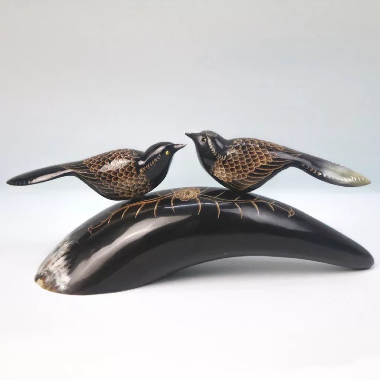 越南水牛角工艺品办公室书房客厅2只小鸟摆件