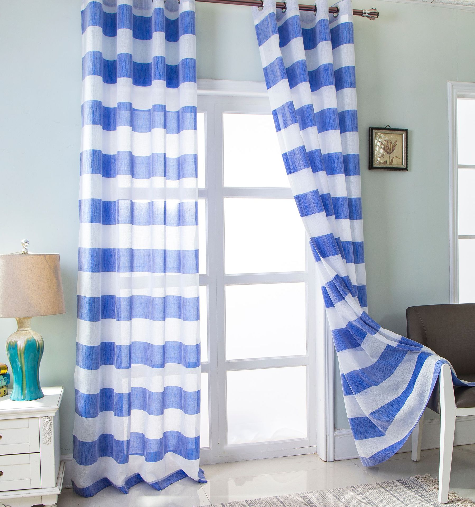 厂家直销2018新款欧美风格窗纱批发外贸成品窗纱现货批发蓝色窗纱