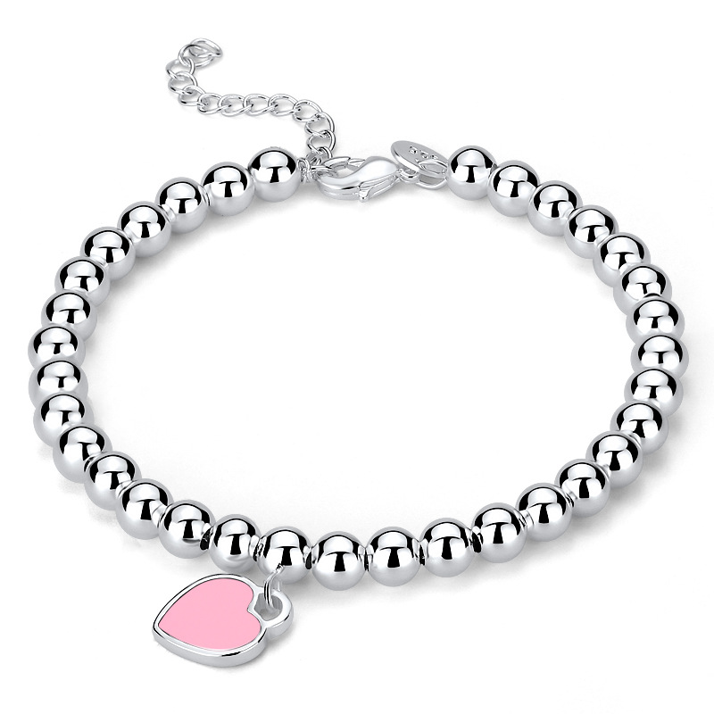 European and American Imitation S925 Sterling Silver round Beads Bracelet String Beads Enamel Peach Heart-Shaped Women's Silver Accessories Same Buddha Beads Bracelet