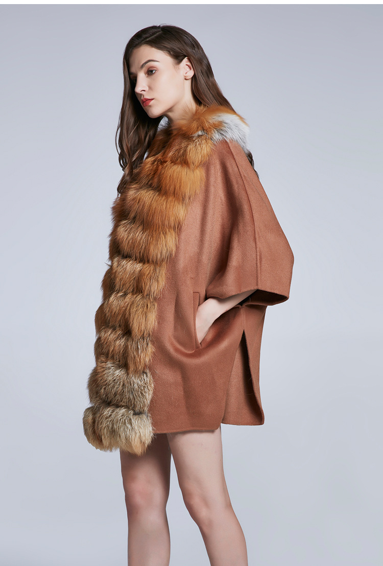 低调雅致2018秋冬新款狐狸毛皮草斗篷外套女装中长款修身外套