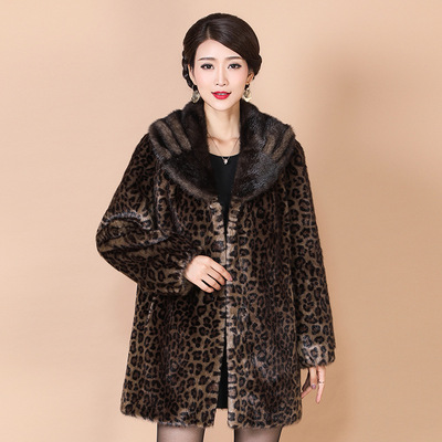 2018秋冬新款海宁皮草水貂皮大衣貂毛女士中长款豹纹花皮草外套女