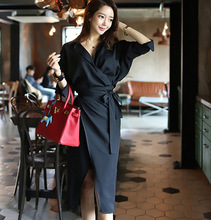 2024春季女装韩国黑色复古衬衫连衣裙开叉女人味气质职业女装8515