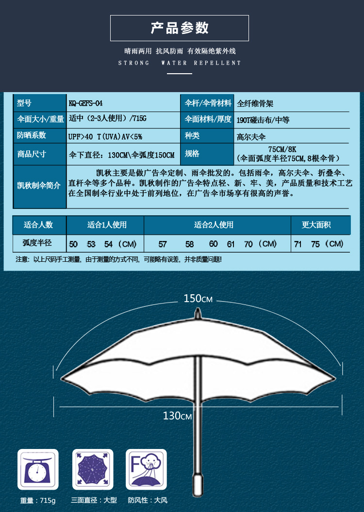 厂家定制30寸超大真双层伞布双面抗风三人高尔夫广告伞定制