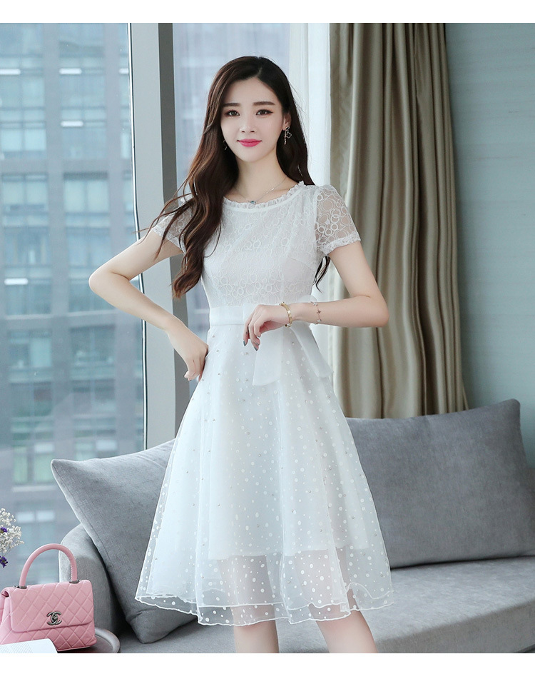2019新款女装连衣裙夏季时尚韩版收腰中长款a字裙雪纺蕾丝连衣裙