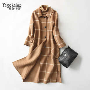 雅各·卡洛2018新款女装100%羊毛绒方领单排扣中长款大衣女