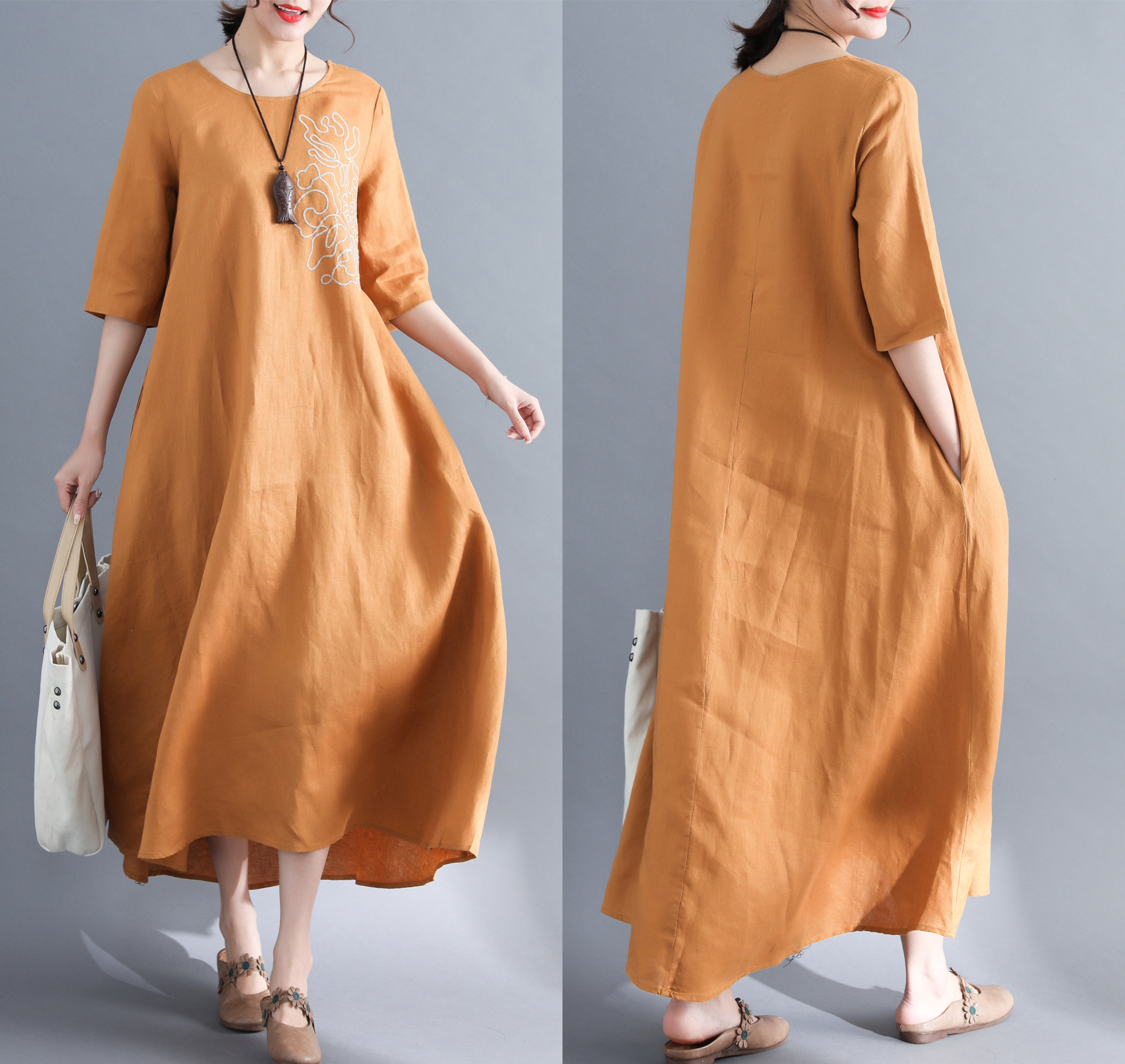 2018夏新款韩版棉麻大码宽松绣花连衣裙